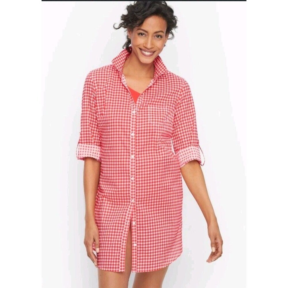 Miraclesuit X Talbots Women Red Gingham Check Button Front Blouse Dress Sz L 165